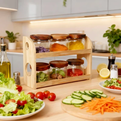 Комплект за съхранение от 6 буркана с основа от акациево дърво