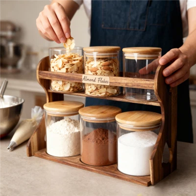 Комплект буркани от високо боросиликатно стъкло от 6 части с дървена основа