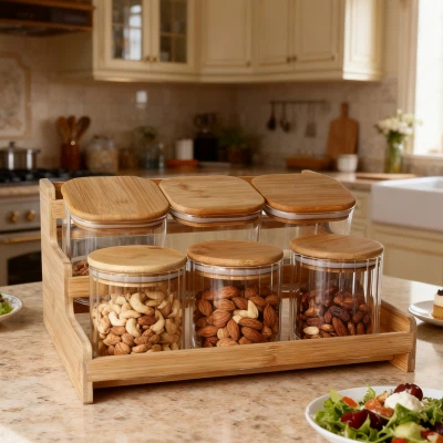 Комплект буркани от високо боросиликатно стъкло от 6 части с дървена основа